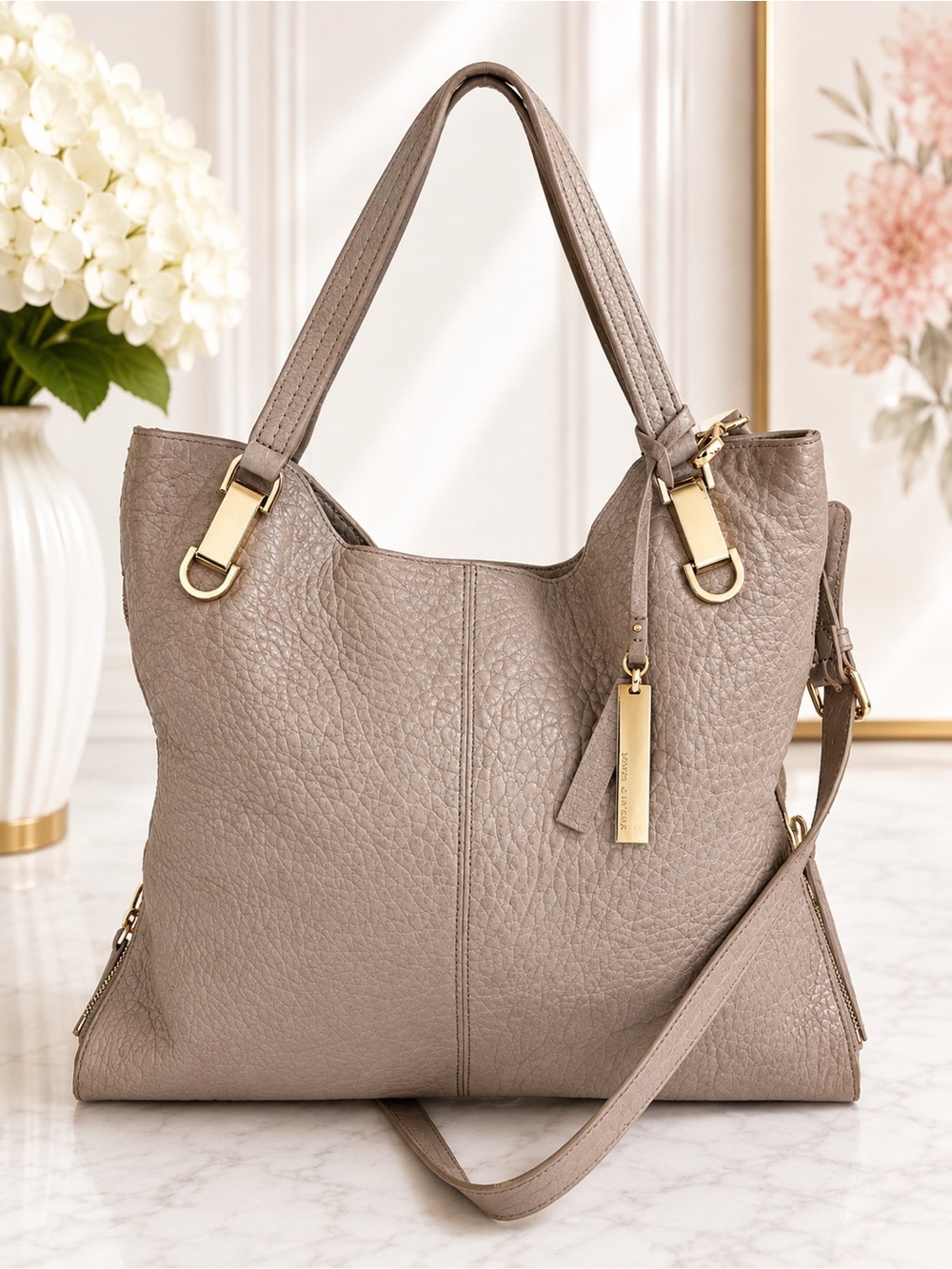 Vince Camuto Taupe Pebbled Leather Tote Shoulder Bag Convertible Crossbody